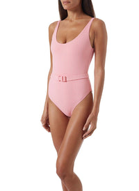 st tropez blush ribbed v neck belted over the shoulder swimsuit model_F