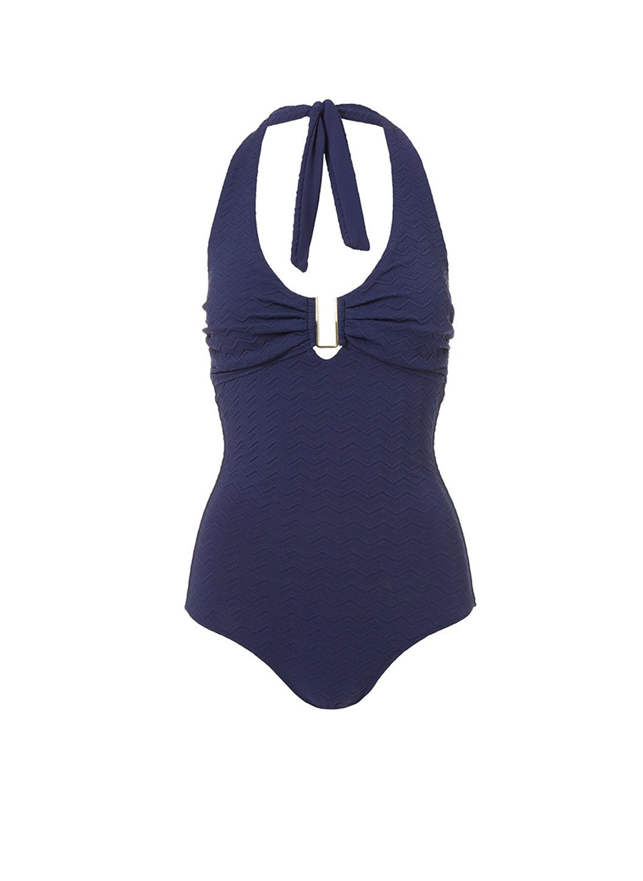 Tampa Navy Zigzag Halterneck U-Trim Swimsuit