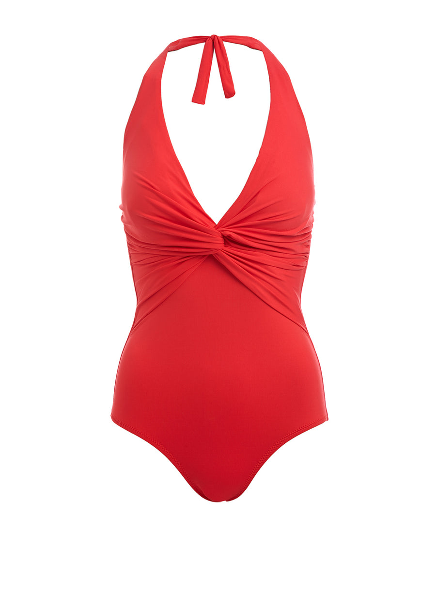 Zanzibar Red Halterneck Ruched Knot Swimsuit