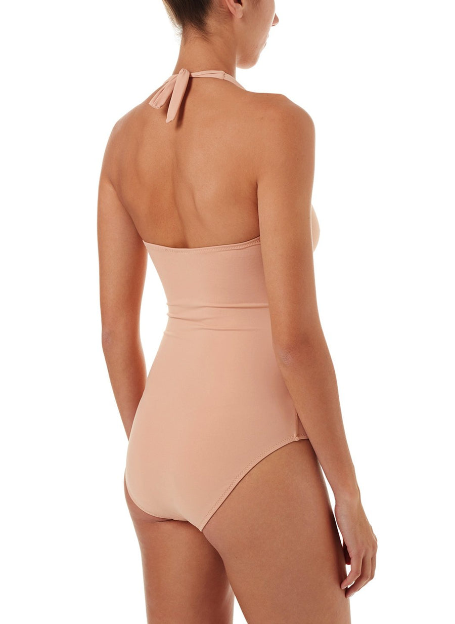 zanzibar tan halterneck ruched knot onepiece swimsuit 2019 B