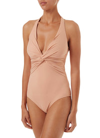 zanzibar tan halterneck ruched knot onepiece swimsuit 2019 F