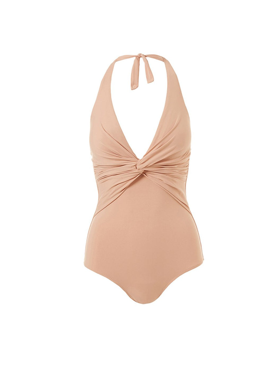 zanzibar tan halterneck ruched knot onepiece swimsuit 2019